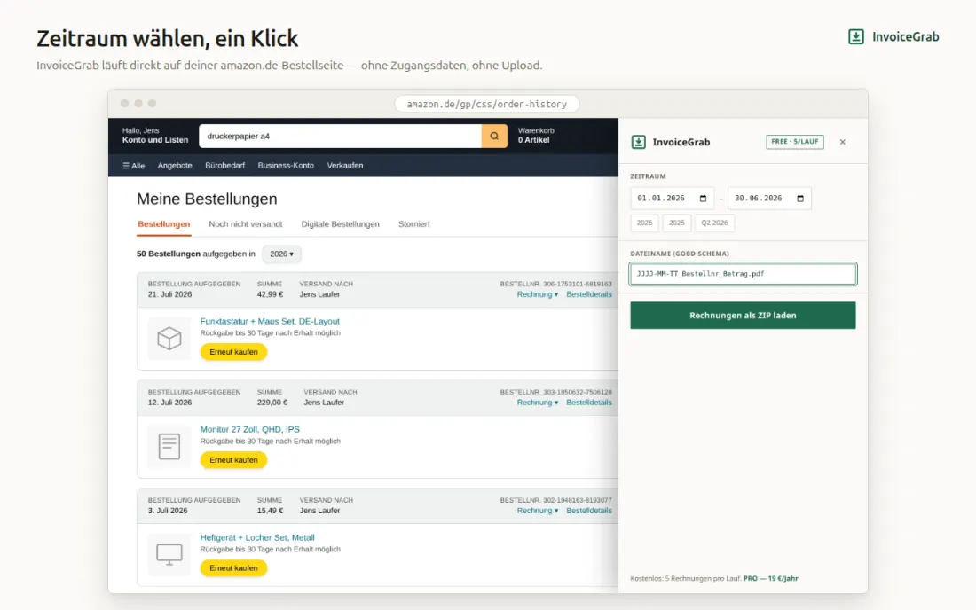 Das InvoiceGrab-Panel auf der amazon.de-Bestellseite mit Zeitraumauswahl und der Schaltfläche „Rechnungen als ZIP laden“