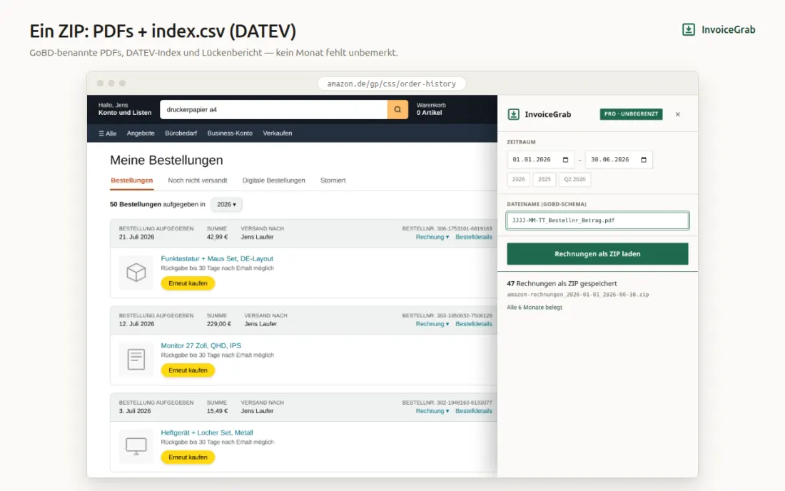 InvoiceGrab meldet den fertigen Lauf mit dem Namen der erzeugten ZIP-Datei