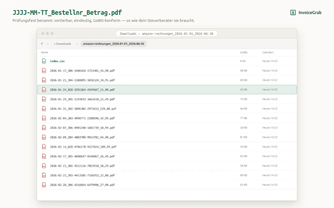 Download-Ordner mit Rechnungs-PDFs im Namensschema Datum, Bestellnummer und Betrag