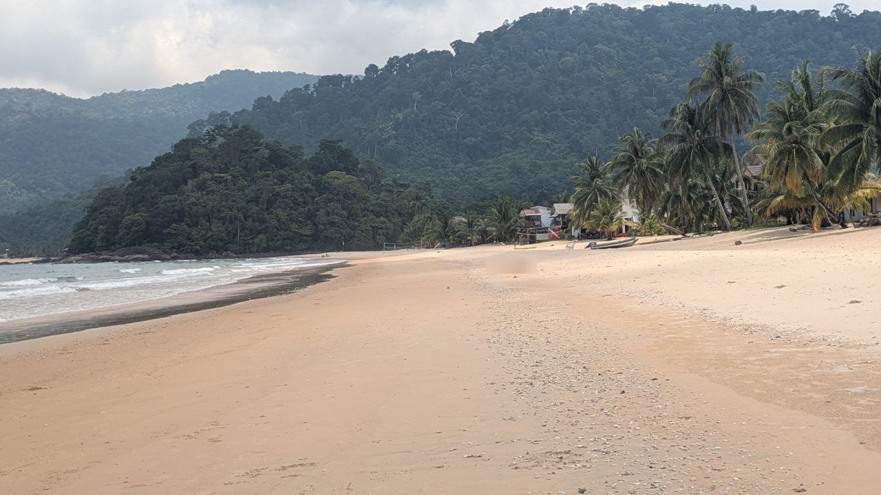The wide pale sand of Juara beach, surf running in on the left, palms and single houses in front of the wooded slope on the right.